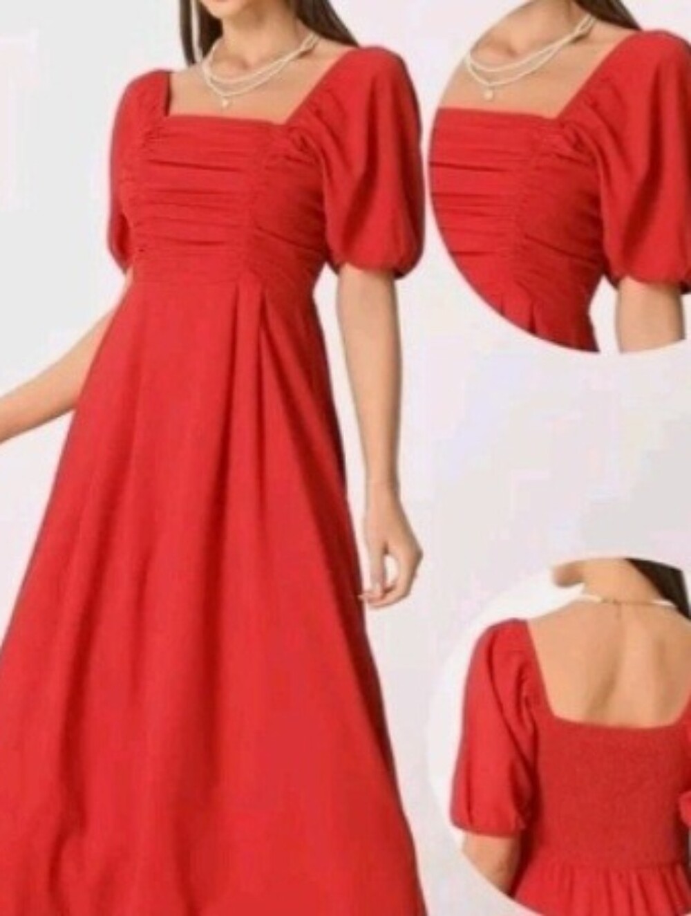 Allegra K Red Square-Neck Ruched Midi SunDress, Puff Sleeves, Smocked, NWT, XS